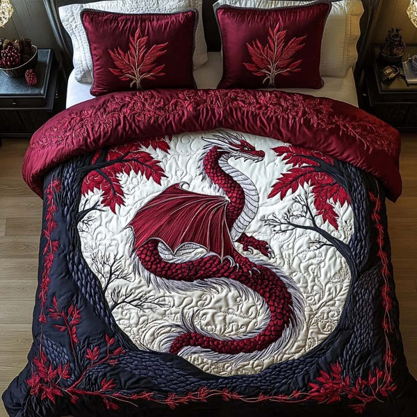 Crimson Flight quilted 3-piece bedding set on a made bed with two matching pillow shams