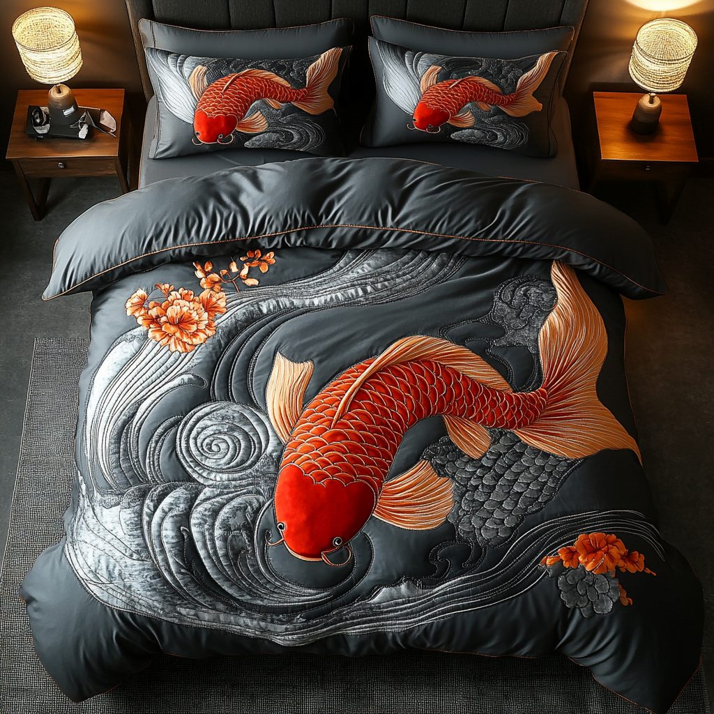 Crimson Flow quilted 3-piece bedding set on a made bed with two matching pillow shams