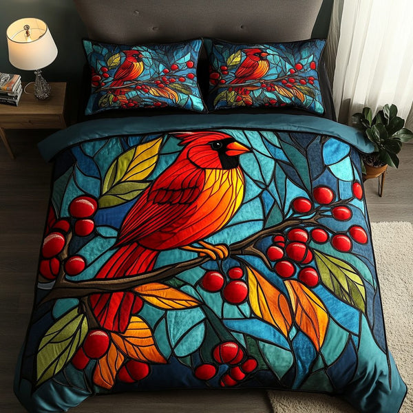 Crimson Forest Charm quilted 3-piece bedding set on a made bed with two matching pillow shams