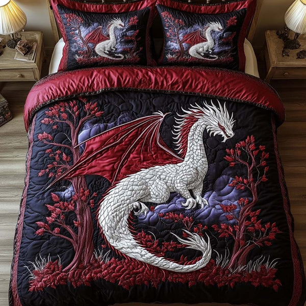 Crimson Frost quilted 3-piece bedding set on a made bed in a winter-styled bedroom