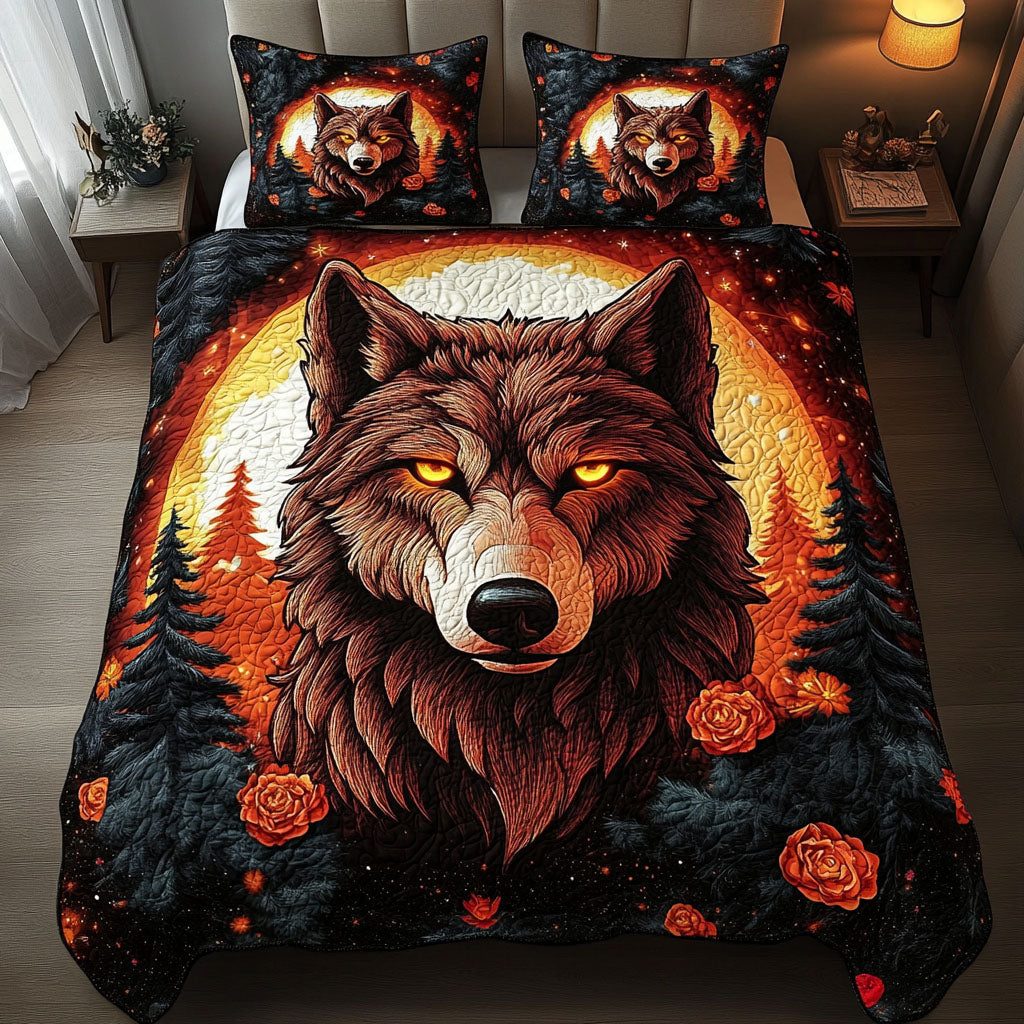 Crimson Gaze quilted 3-piece bedding set on a made bed with two matching pillow shams