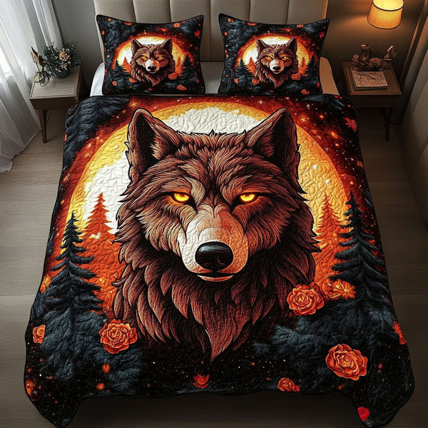 Crimson Gaze quilted 3-piece bedding set on a made bed with two matching pillow shams