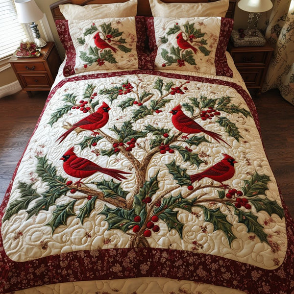 Crimson Glow quilted 3-piece bedding set on a made bed with two matching pillow shams