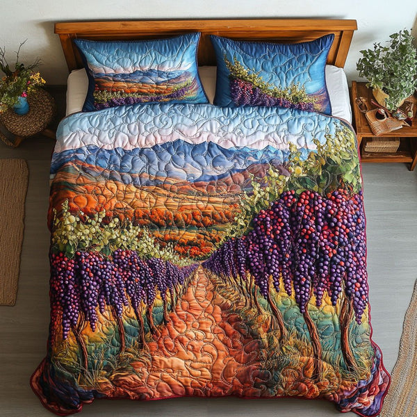 Crimson Harvest quilted 3-piece bedding set on a made bed with two matching pillow shams
