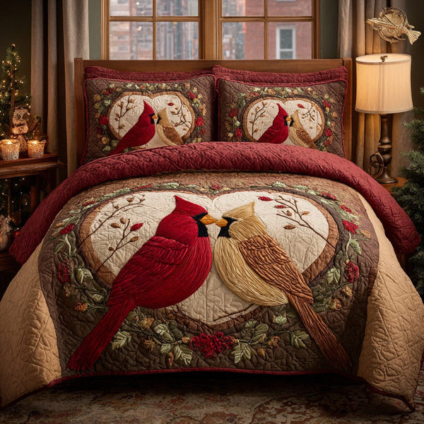 Crimson Heart quilted 3-piece bedding set on a made bed with two matching pillow shams