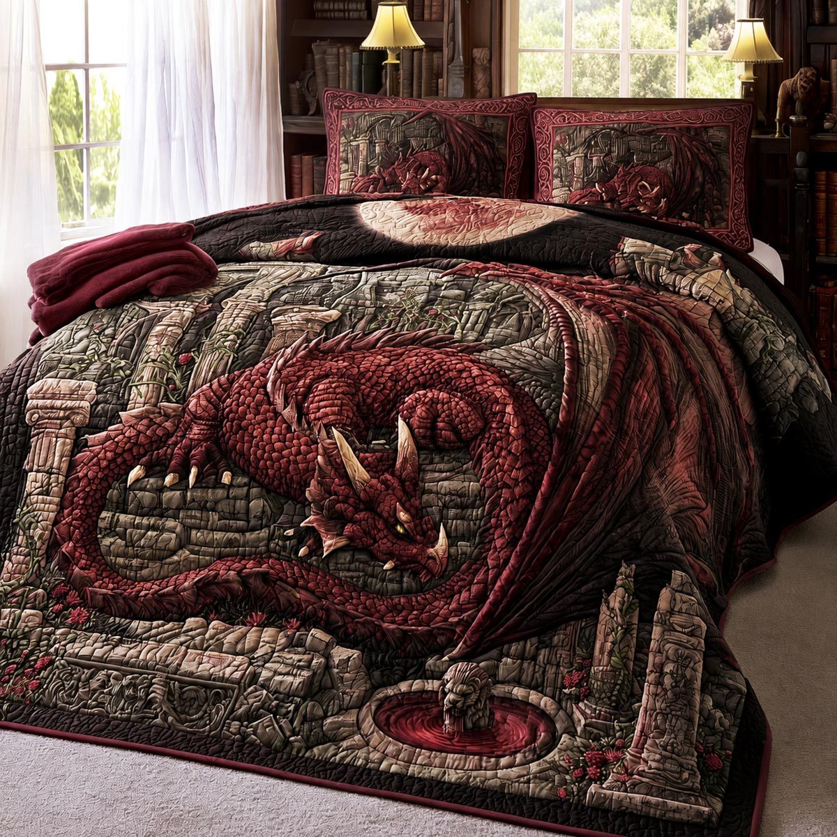 Crimson Hearthguard quilted 3-piece bedding set on a made bed with two matching pillow shams