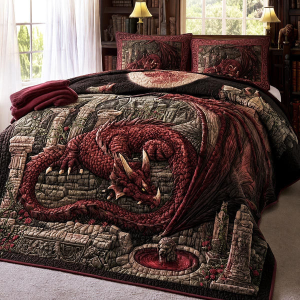 Crimson Hearthguard quilted 3-piece bedding set on a made bed with two matching pillow shams