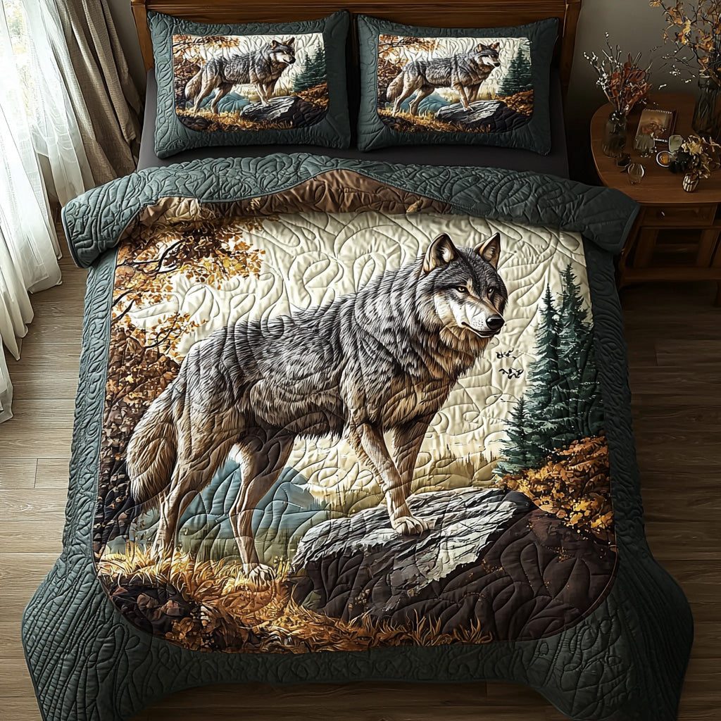 Crimson Howl quilted 3-piece bedding set on a made bed with two matching pillow shams
