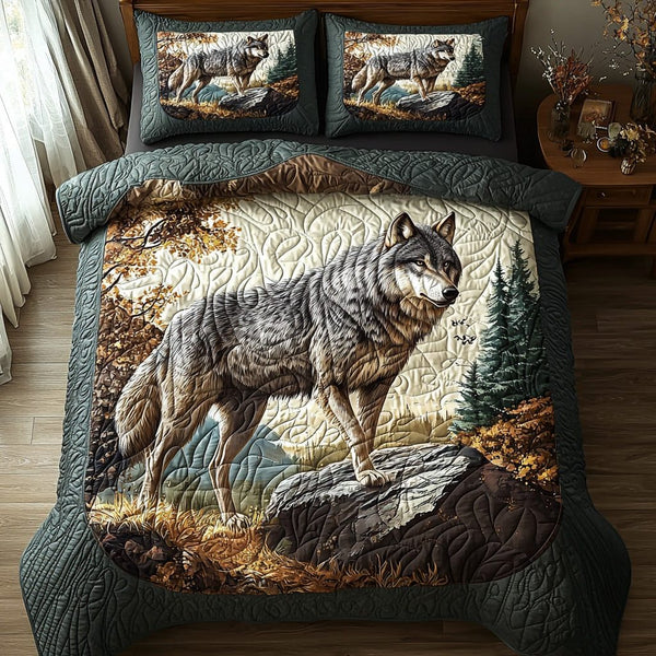 Crimson Howl quilted 3-piece bedding set on a made bed with two matching pillow shams