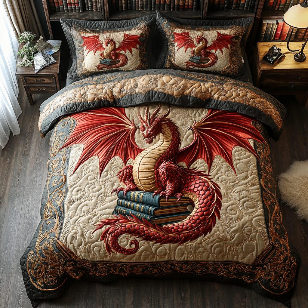Crimson Inferno quilted 3-piece bedding set on a made bed with two matching pillow shams