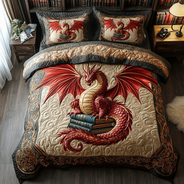 Crimson Inferno quilted 3-piece bedding set on a made bed with two matching pillow shams