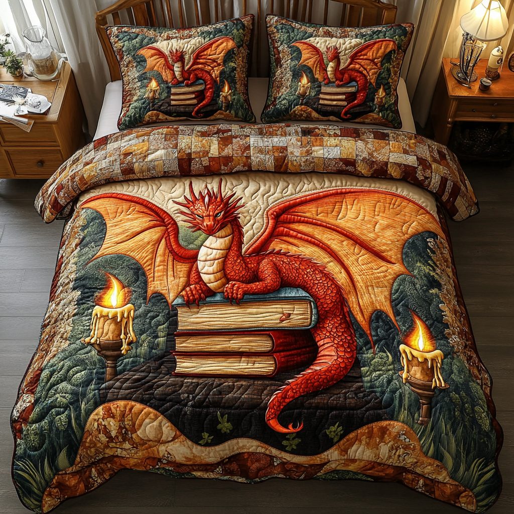 Crimson Inferno quilted 3-piece bedding set on a made bed with two matching pillow shams