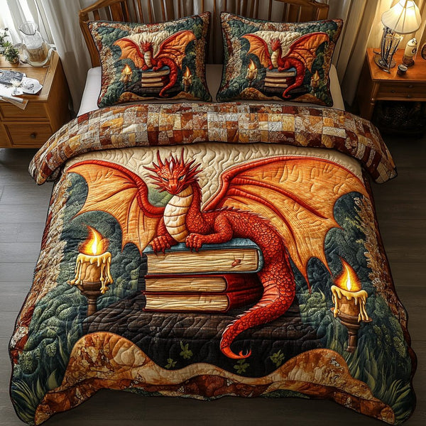 Crimson Inferno quilted 3-piece bedding set on a made bed with two matching pillow shams