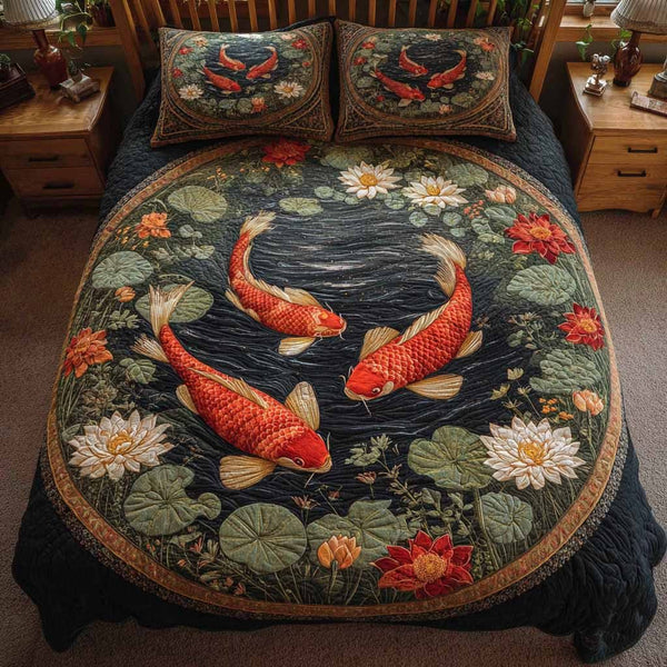 Crimson Koi quilted 3-piece bedding set on a made bed with two matching pillow shams