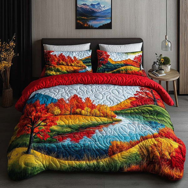 Crimson Leaf Escape quilted 3-piece bedding set on a made bed with two matching pillow shams