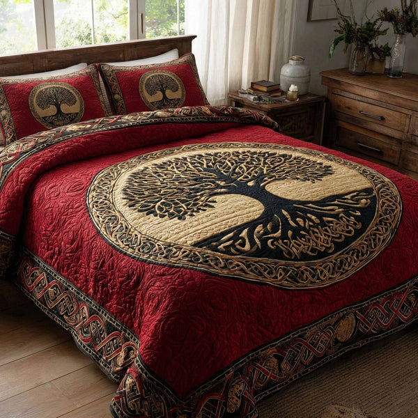 Crimson Lineage quilted 3-piece bedding set on a made bed with two matching pillow shams