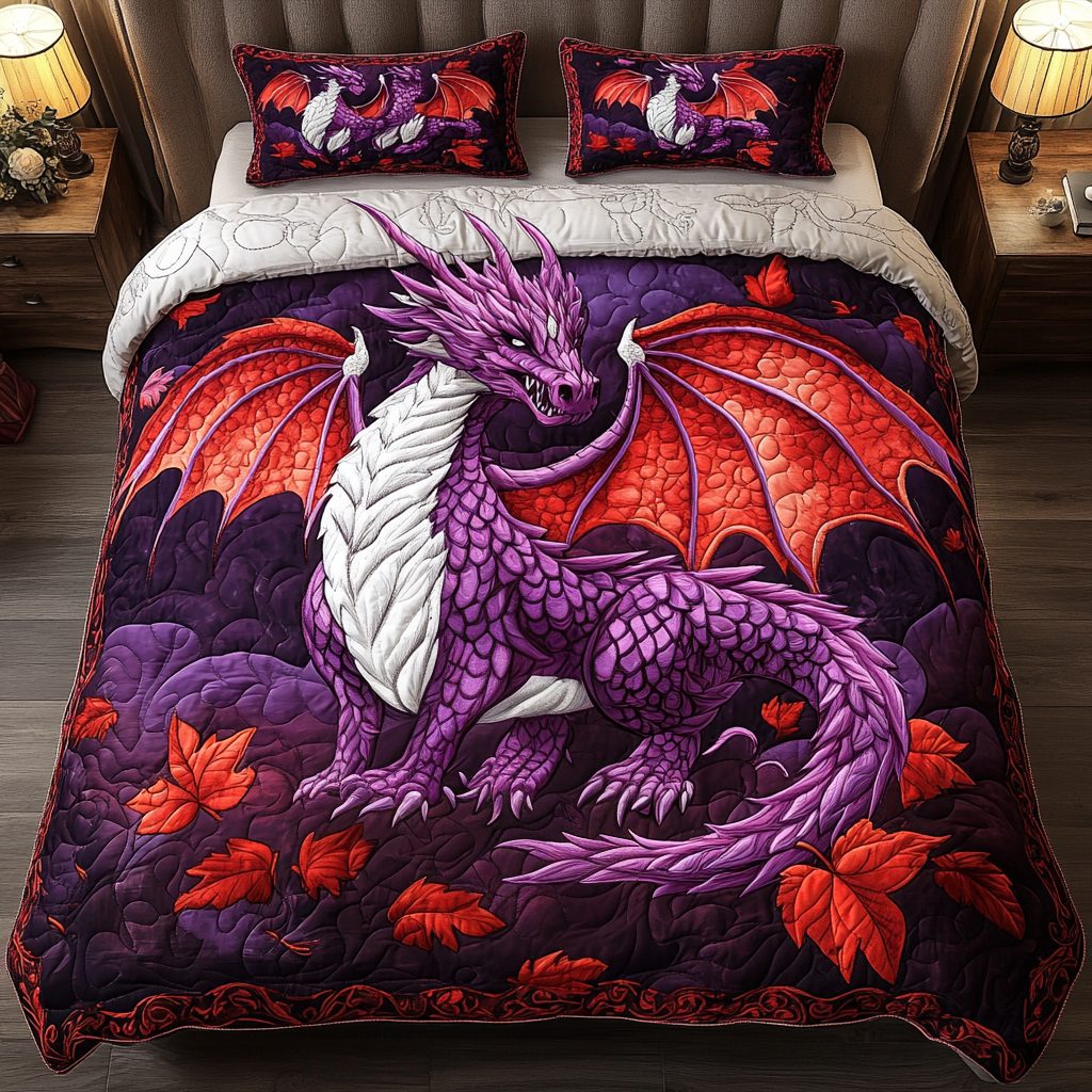 Crimson Majesty quilted 3-piece bedding set on a made bed with two matching pillow shams