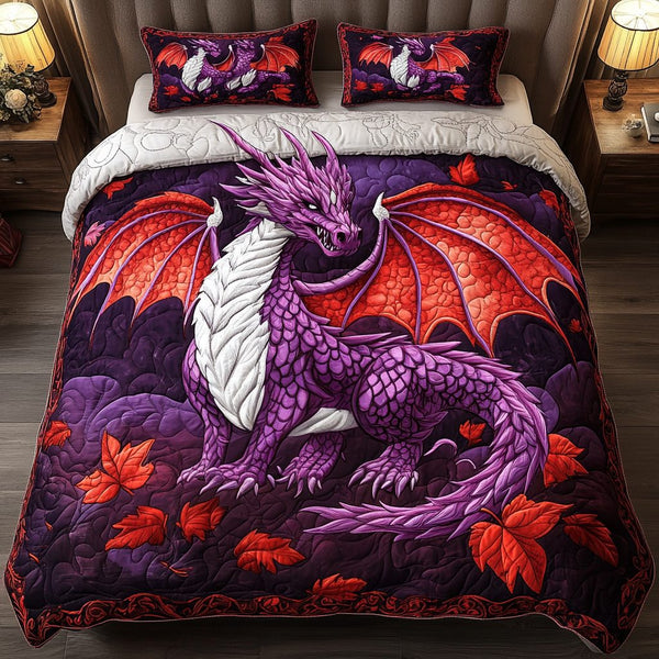 Crimson Majesty quilted 3-piece bedding set on a made bed with two matching pillow shams