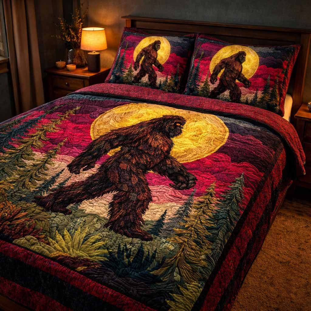 Crimson Moon quilted 3-piece bedding set on a made bed with two matching pillow shams