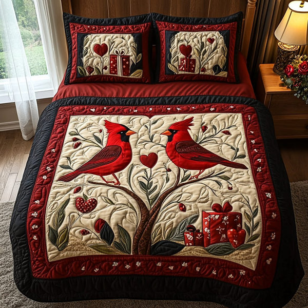 Crimson Pair quilted 3-piece bedding set on a made bed with two matching pillow shams