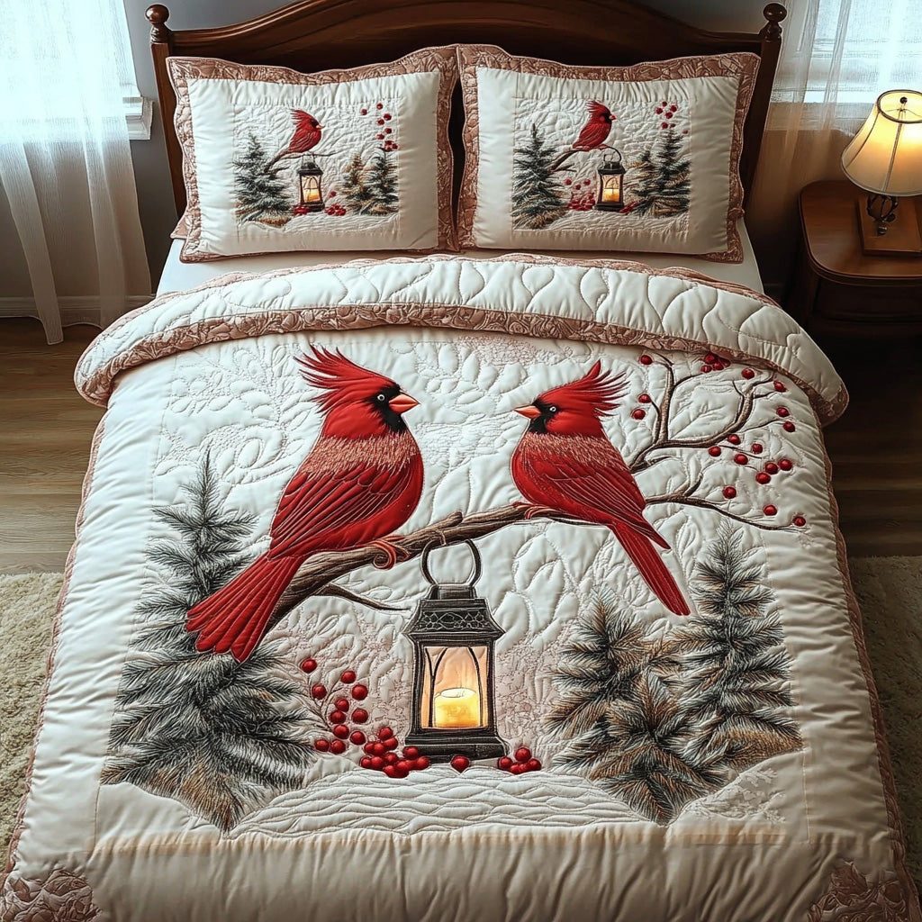 Crimson Pair quilted 3-piece bedding set on a made bed with two matching pillow shams