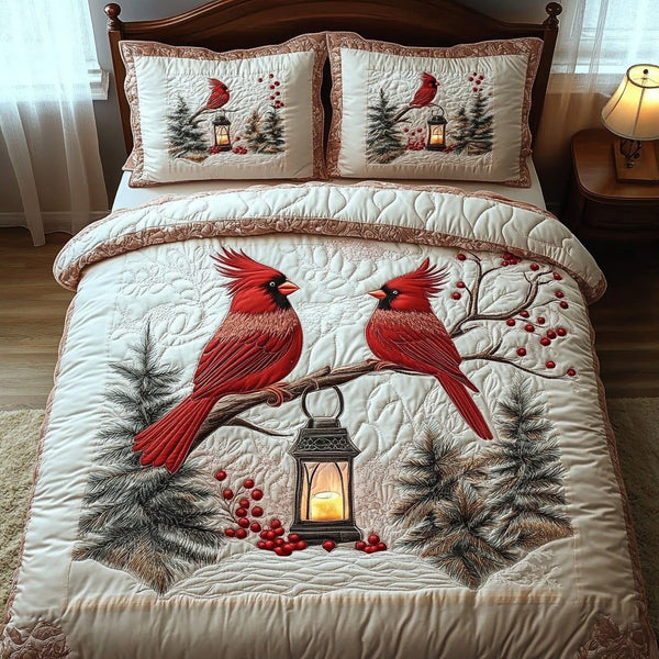 Crimson Pair quilted 3-piece bedding set on a made bed with two matching pillow shams