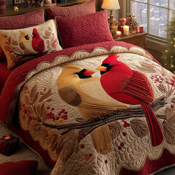 Crimson Pair quilted 3-piece bedding set on a made bed with two matching pillow shams