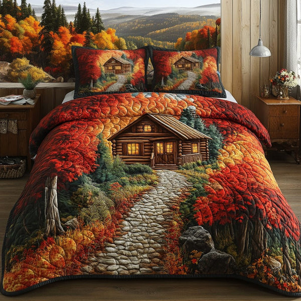 Crimson Path Cabin quilted 3-piece bedding set on a made bed with two matching pillow shams