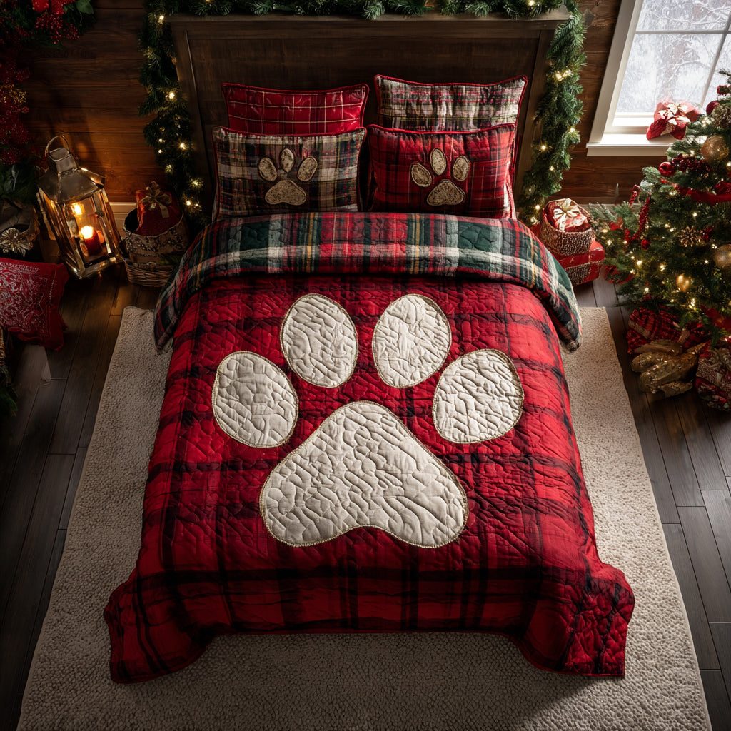 Crimson Paw quilted 3-piece bedding set on a made bed with two matching pillow shams