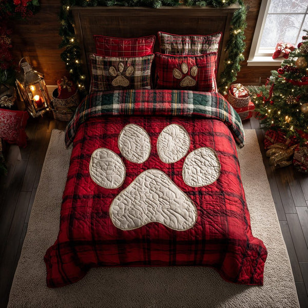 Crimson Paw quilted 3-piece bedding set on a made bed with two matching pillow shams