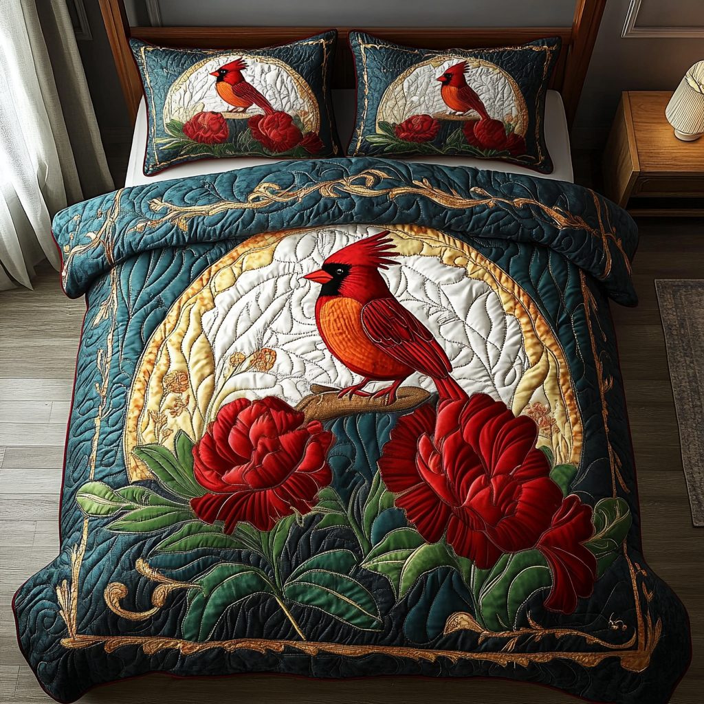 Crimson Petals quilted 3-piece bedding set on a made bed with two matching pillow shams