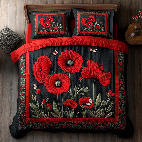 Crimson Poppy Fields quilted 3-piece bedding set on a made bed with two matching pillow shams