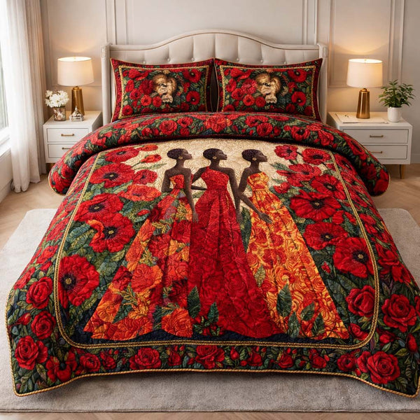 Crimson Queens quilted 3-piece bedding set on a made bed with two matching pillow shams