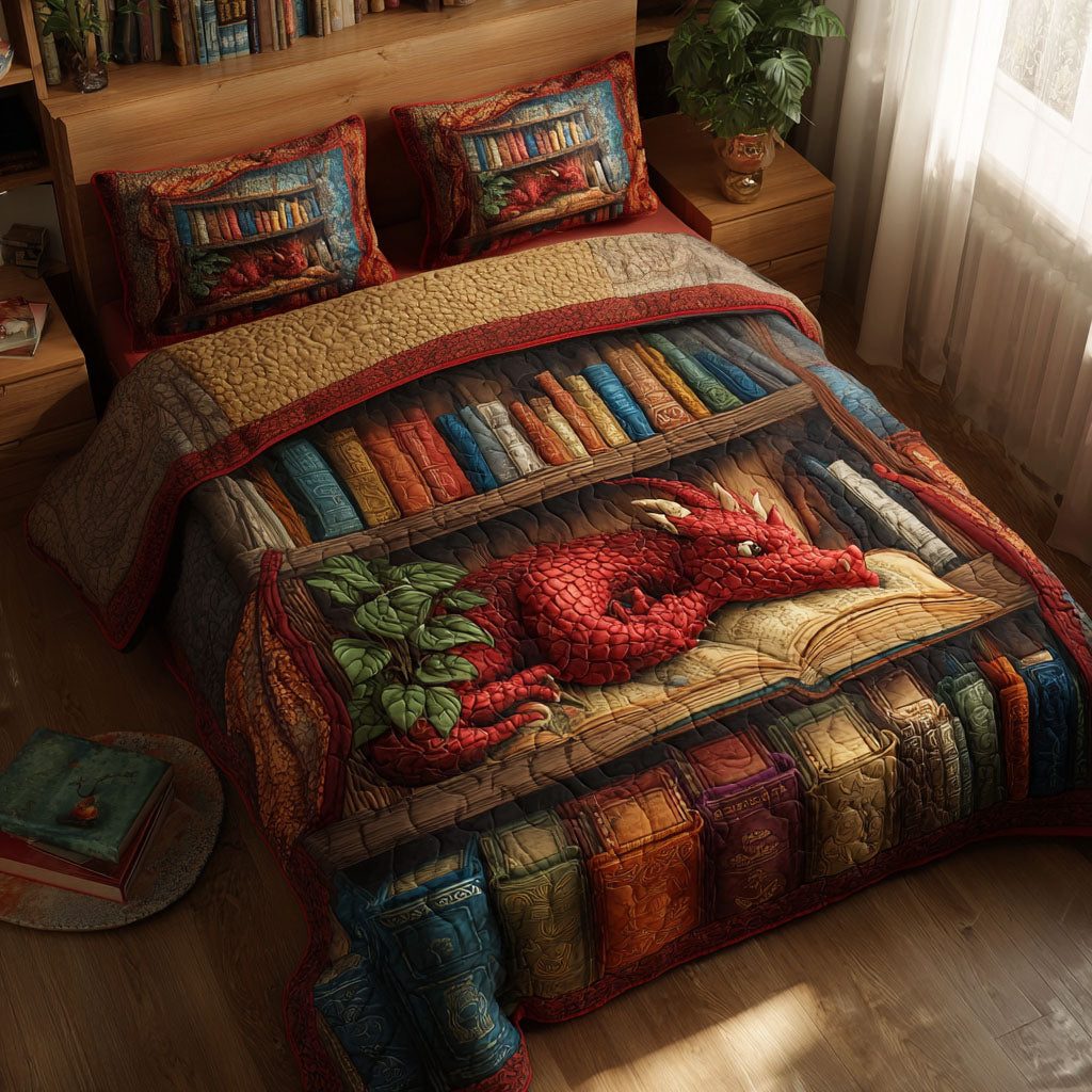Crimson Reader quilted 3-piece bedding set on a made bed with two matching pillow shams