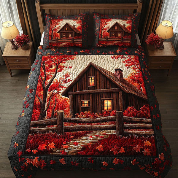 Crimson Retreat quilted 3-piece bedding set on a made bed with two matching pillow shams