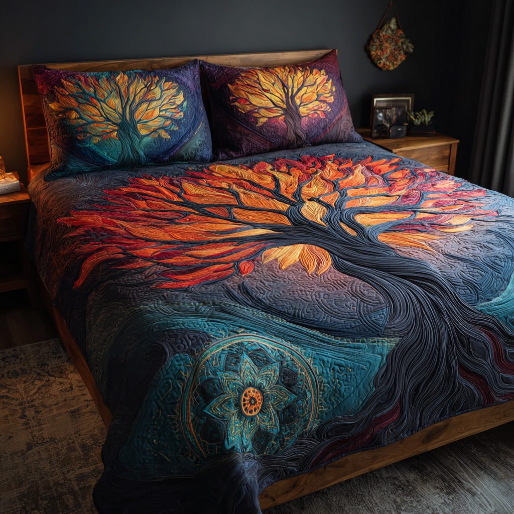 Crimson Roots quilted 3-piece bedding set on a made bed with two matching pillow shams
