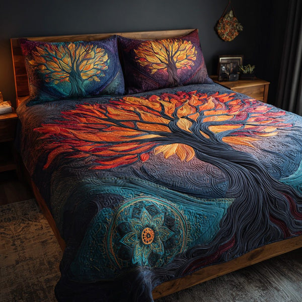 Crimson Roots quilted 3-piece bedding set on a made bed with two matching pillow shams