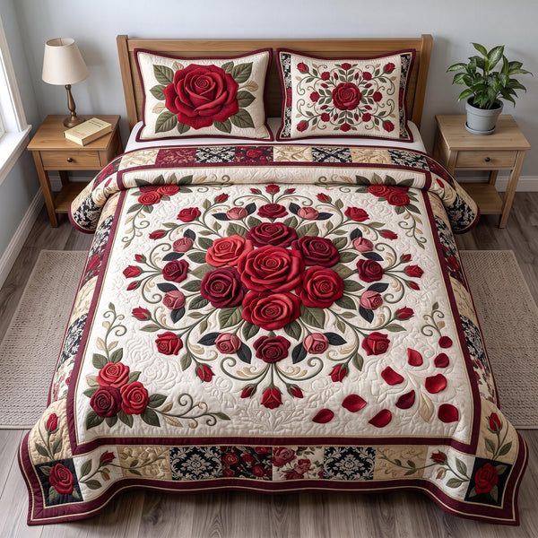 Crimson Rose quilted 3-piece bedding set on a made bed with two matching pillow shams