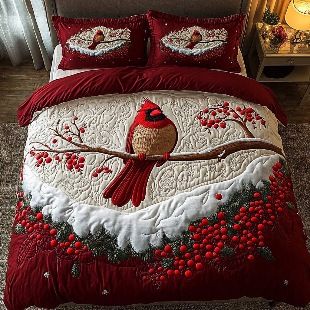 Crimson Serenity quilted 3-piece bedding set on a made bed with two matching pillow shams