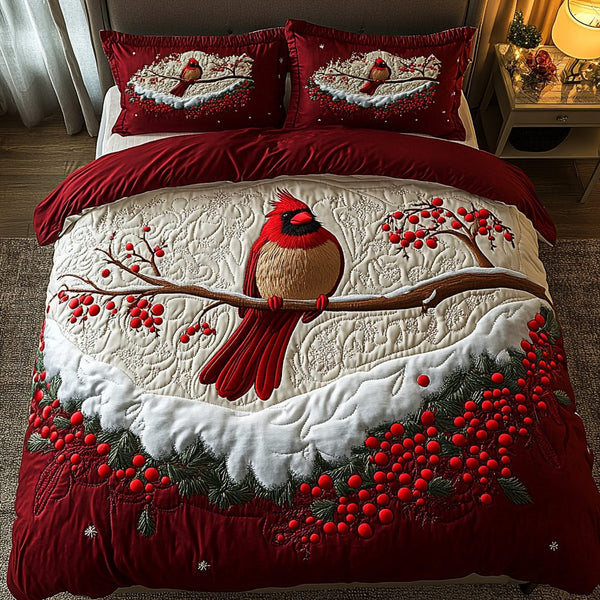 Crimson Serenity quilted 3-piece bedding set on a made bed with two matching pillow shams