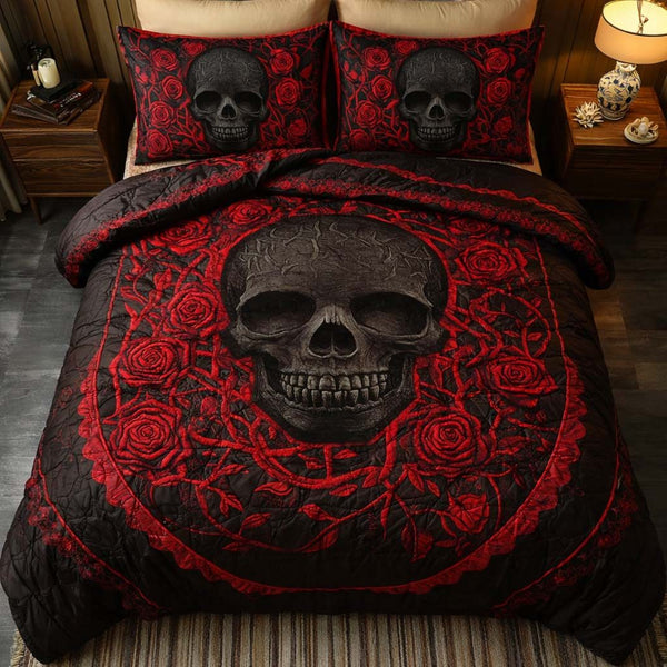 Crimson Skull quilted 3-piece bedding set on a made bed against a dark styled interior