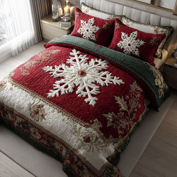 Crimson Snowflake Elegance quilted 3-piece bedding set on a made bed in a winter-styled bedroom