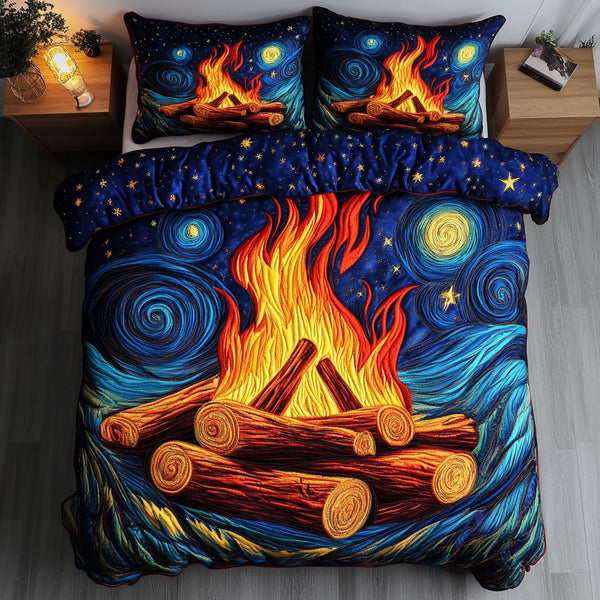 Crimson Sparks quilted 3-piece bedding set on a made bed with two matching pillow shams
