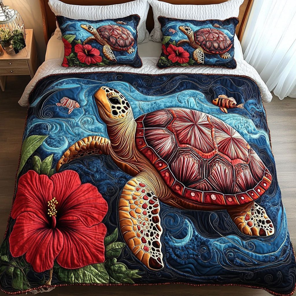 Crimson Tide quilted 3-piece bedding set on a made bed in a light coastal bedroom