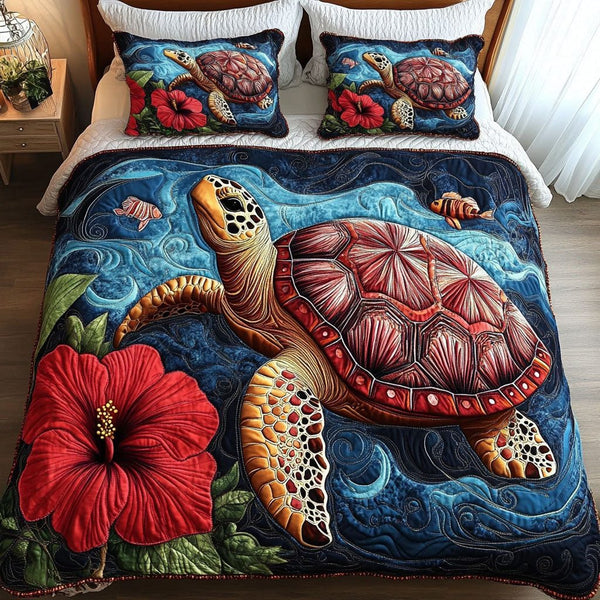 Crimson Tide quilted 3-piece bedding set on a made bed in a light coastal bedroom