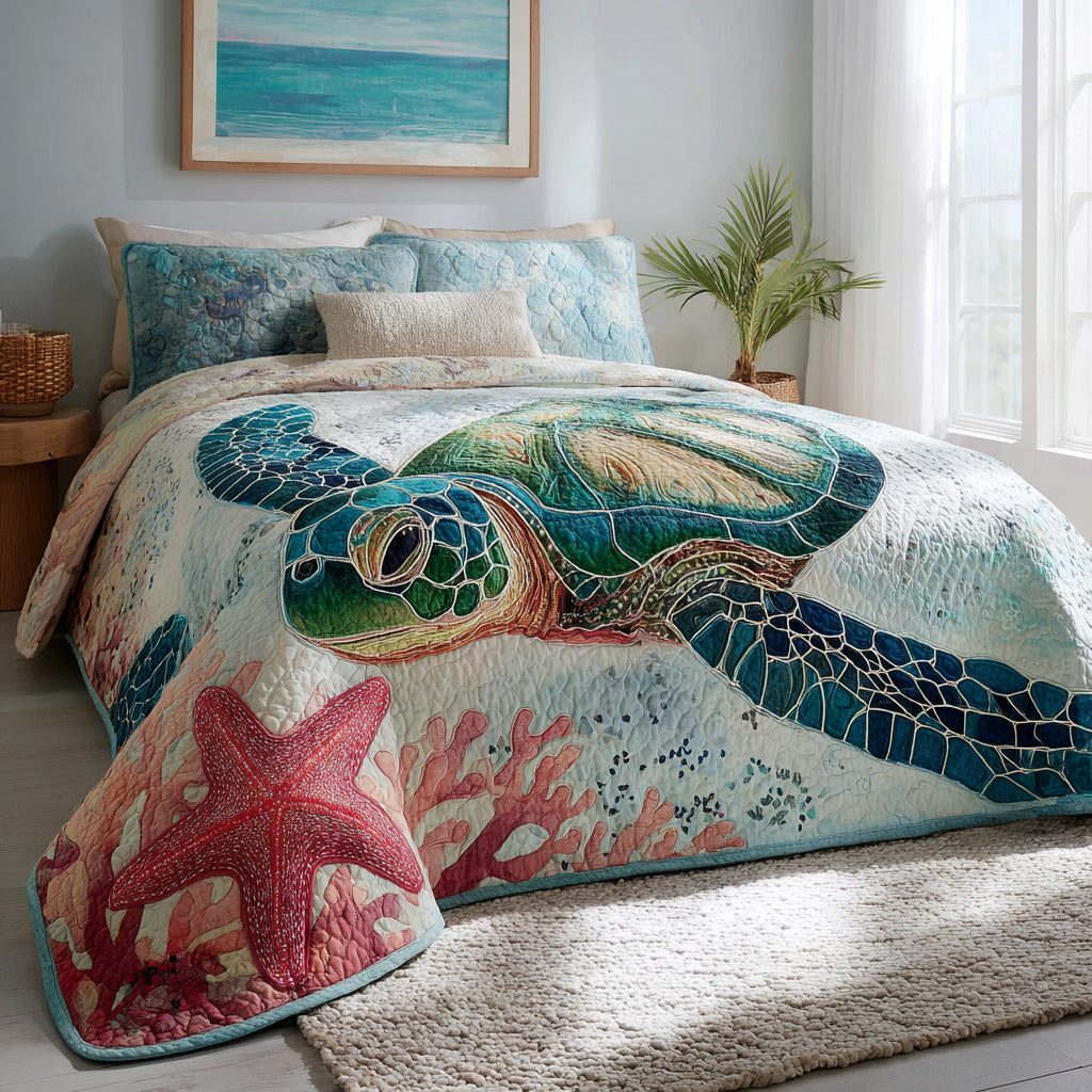 Crimson Tide quilted 3-piece bedding set on a made bed in a light coastal bedroom
