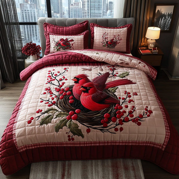 Crimson Tranquility quilted 3-piece bedding set on a made bed with two matching pillow shams