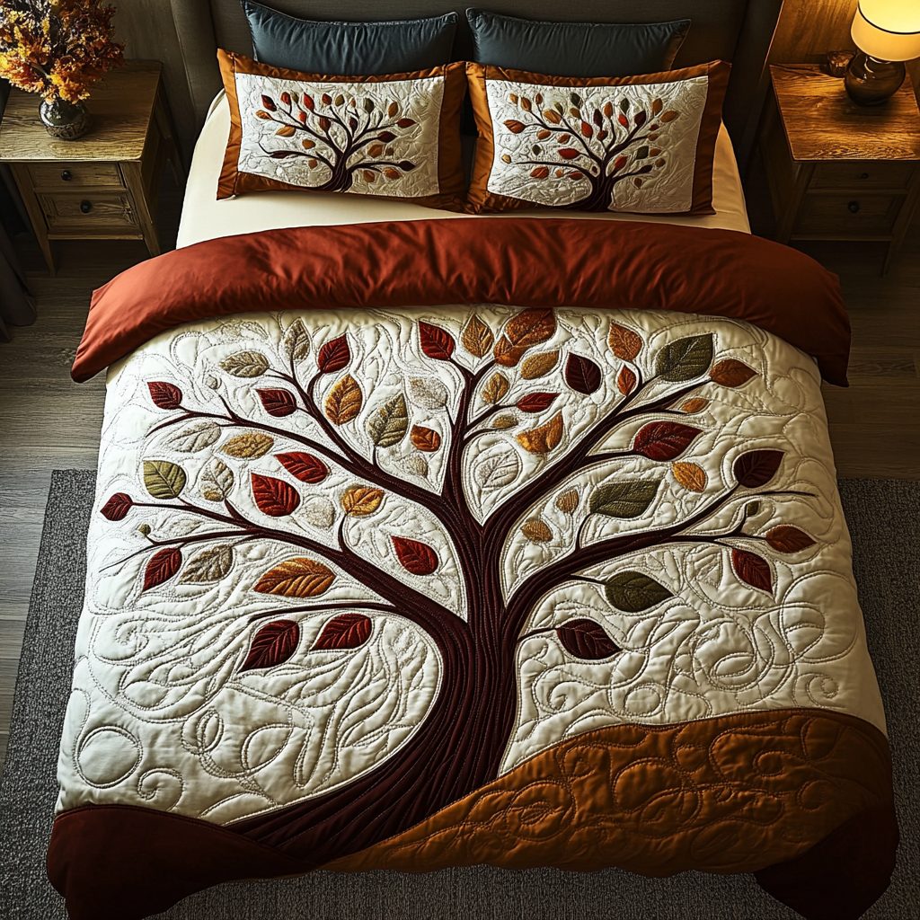 Crimson Tree quilted 3-piece bedding set on a made bed with two matching pillow shams