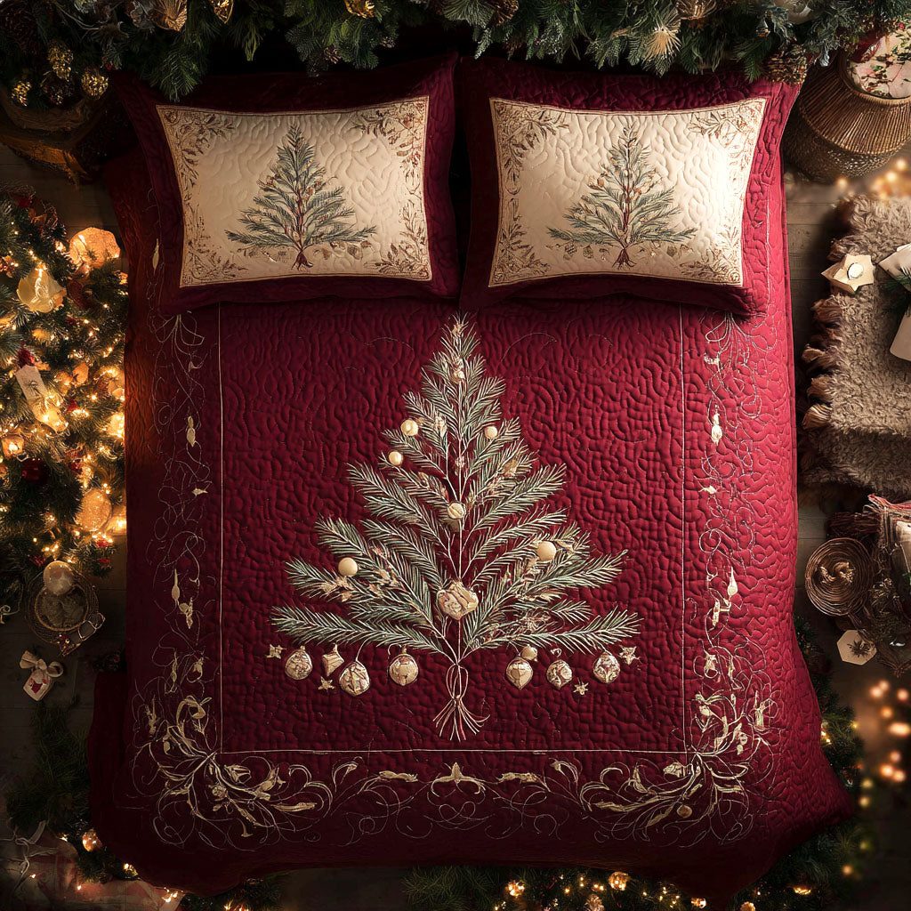 Crimson Twilight quilted 3-piece bedding set on a made bed with two matching pillow shams
