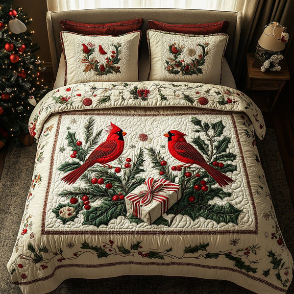 Crimson Wings quilted 3-piece bedding set on a made bed with two matching pillow shams